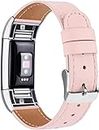Vancle Bands Compatible with Fitbit Charge 2 Bands, Classic Genuine Leather Wristband Replacement with Stainless Steel Connector for Charge 2 Fitness Activity Tracker Women Men Small Large Size (010, Pink)