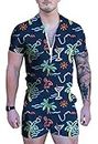 UNIFACO Mens Printed One Piece Short Sleeve Zipper Short Pants Jumpsuit Rompers Overalls w/Pocket Casual Style (Beach, Small)