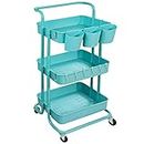 Freletry 3 Tier Rolling Utility Cart Multifunction Storage Organizer Shelf Rack with Lockable Wheels 3PCS Cups and 8PCS Hooks for Home Office Kitchen Bathroom Store (Blue)