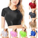 Sexy Oil Shiny Crop Tops Pullover Sports T-shirt Tee Tight Clothing Fitness