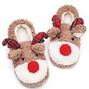 ASHION Women's Cute Fuzzy Reindeer House Slippers Stuffed Animal Bedroom Slippers Cozy Christmas Indoor Shoes, 9-10 US Khaki