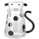 Jetcloud Glass Water Jug with Tumbler 500ml V-Shaped Spout Heat Resistant Cute Clear Cow Glass Pitcher Portable Bedside All in One Carafe and Cup Set for Tea Milk Water Coffee