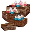 Set of 4 Wood Display Risers Rustic Cupcake Stand Rustic Wood Cake Stands Wooden Stackable Display Box for Dessert Wedding Birthday Baby Shower Christmas Village Party Decoration (Black Brown)