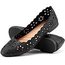 Women's Ballet Flats Black PU Leather Dress Shoes Comfortable Round Toe Slip on Flats with Floral Eyelets(Black.US10)