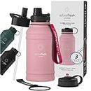 Leakproof Stainless Steel Water-bottle ACTIVE FLASK + Straw (3 Lids) | Large 1.3/2.2 L Capacity Sports Container BPA-free, for Carbonated Drinks, 74 oz XL Training Outdoor Fitness Water Bottle