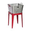 Metal Beverage Tub Cooler with Stand, Planter, Washbin - Rustic Grey w/Red Base - Backyard Expressions