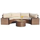 ECOTOUGE 7 Piece Outdoor Half Moon Furniture Set, Patio Curved Wicker Sectional Conversation Set with 2 Storage Armrests and Glass Coffee Table, Garden Balcony and Backyard (Beige)