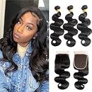 Body Wave Human Hair Bundles With Closure Brazilian Virgin Hair Weave Bundles Human Hair Free Part 4x4 Lace Closure Natural Color Can be Dyed 3 Bundles and Closure 20 22 24+18 Inch