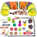 Retro Shaw Cat Toys Set 33 PCS, Interactive Cat Kitten Toys for Indoor Cats Kitty with Collapsible L Shape Cat Play Tunnel Tube Tent Cat Feather Wand Teaser Cat Bell Fuzzy Ball Springs Mouse Toys