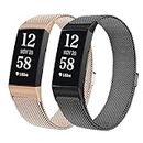 BNBIDEN 2 Pack Metal Bands Compatible with Fitbit Charge 4/Charge 3/Charge 3 SE, Adjustable Stainless Steel Mesh Loop Magnetic Clasp Wristband Replacement Straps for Women Men