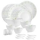 Cello Tropical Lagoon Dazzle Series Opalware Dinner Set, 35 Units | Opal Glass Dinner Set for 6 | Light-Weight, Daily Use Crockery Set for Dining | White Plate and Bowl Set | White