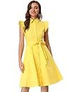 Allegra K Women's Work Office Ruffled Sleeve Button Closure Belted Cotton Midi Shirt Dress Yellow Medium
