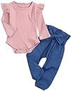 i-Auto Time Newborn Baby Girl Outfits Clothes Set Ruffle Long Sleeve Romper+Bow Pants(Pink+Blue, 18-24 Months)