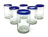 Hand Blown Mexican Drinking Glasses - Set of 6 Juice Glasses with Cobalt Blue Rims (8 oz each)