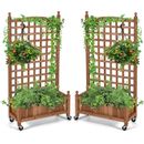 Topbuy 2PC 50in Wood Planter Box with Trellis and Wheels Mobile Plant Raised