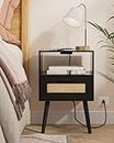 Aobafuir Nightstands with Charging Station, End Table, Rattan Nightstand, Side Table with Hand Made Rattan Decorated Drawers, Wood Accent Table with Storage for Bedroom,Black