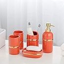 Bathroom Accessories Set Ceramic Bathroom Set with soap Dispenser Toothbrush Holder Glass and soap Dish Modern Design Rinse Cup Bathroom kit Accessories Bottles for Bath Lotion (Orange 5)