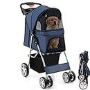 Maxmass Travel Pet Stroller, Foldable Small Medium Sized Dog Cat Trolley with Storage Basket, Safety Belt and Cup Holder, 4 Wheels Puppy Pushchair (Blue)