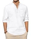 J.VER Mens Henley Linen Shirt Casual Grandad Collar Long Sleeve Shirt Light Cotton Summer Beach Shirt Top with Pocket White M