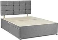 Grey chenille fabric divan bed base with headboard and drawers on same side. (4FT6 Double-2 drawers)