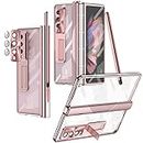 Miimall Compatible Samsung Z Fold 3 Case with S Pen, Stylus Pen with Pen Holder + Removable Hinged Cover + Upgraded Tempered Glass Screen Protector + Hidden Kickstand Plated All-Inclusive Hinge Protective Translucent Case for Galaxy Z Fold 3 5G(Rose Gold)