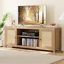 IDEALHOUSE Rattan TV Stand for 75 Inch, Boho Entertainment Center with Storage and Doors, Wood TV & Media Console Under TV Cabinet Furniture for Living Room, Natural Oak (66 Inch)