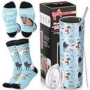 Umigy 2 Pcs Horse Gifts Blue Horse Print Tumbler Horse Socks Cute Animal Socks for Women Girls, 20 oz Skinny Water Tumbler with Lids Straw and Straw Brushes for Christmas Animal Lovers Equestrian Gift