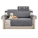 Smarcute Waterproof Sofa Protectors 2 Seater from Pets/Dogs Couch Covers Love Seat Cover Non-Slip Furniture Covers for Sofa with Strap, Soft Thick Quilted (Checked Pattern, Reversible Grey/Beige)