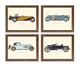 Painting Mantra Vintage Car, Bugatti-Mercedes-Delage-Hispano Framed Painting/Posters for Room Decoration, Set of 4 Brown Frame Art Prints/Posters for Living Room (8x10 Inches)