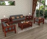 BM WOOD FURNITURE Sheesham Wood 5 Seater Sofa Set for Living Room Wooden Sofa Set for Living Room Furniture (3+1+1, Natural Finish Grey Cushions