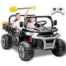24V 2 Seater Kids Ride on Car Truck, Ride On UTV with 2x200W Motor Ride On Dump Truck, Ride On Car with Dump Bed/Shovel, Electric Vehicle with Rubber Tires, LED Light, Music, Remote Control, Black