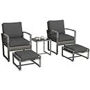 Outsunny 5 Pieces PE Rattan Patio Furniture with Armchairs, Stools, Glass Coffee Table, Outdoor Wicker Conversation Sofa Set with Cushions, for Poolside, Backyard, Garden, Grey