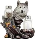 DWK Gray Wolf Salt & Pepper Holder Figurine with Refillable Salt and Pepper Shakers | Rustic Wildlife Wolf Decor | Animal Decor for Kitchen | - 6"