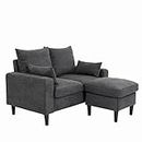 Panana 2 Seater Sofa with Footstool, Linen Fabric Love Seats Couch with 2 Free Cushions, Grey