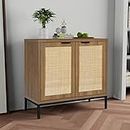 Anmytek Rustic Oak Rattan Storage Cabinet with 2 Doors, Farmhouse Wood Sideboard Buffet with Natural Rattan Texture Kitchen Cabinet H0045