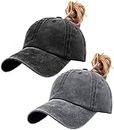 LCZTN FASHION 2 Pack Womens Vintage Washed Distressed Baseball-Cap with Ponytail Hole Sport Golf Hat (Black+Grey)