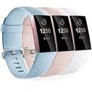 Dirrelo 3 Pack Armbänder Kompatibel mit Fitbit Charge 3/Fitbit Charge 4/Charge 3 SE Armband für Damen und Herren, Sport Verstellbares Ersatzarmband Silikon Uhrenarmband, Rosa+Weiß+Hellblau L