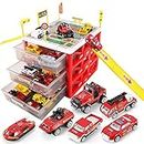 WISHTIME Parking Lot Car Garage Playset Matchbox Cars playsets,Vehicle Toy Fire Car Storage Box Toys Set Educational Gift with 6 Fire Trucks, Ramps, Traffic Signs for Kids
