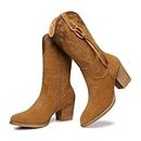 SHIBEVER Cowboy Cowgirl Boots for Women: Camel Womens Western Style Boots Chunky Heeled Suede Mid Calf Booties with Zipper Size 7