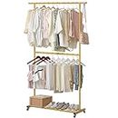 Sywhitta Double Rod Clothing Garment Rack, Rolling Clothes Organizer on Wheels for Hanging Clothes, Easy to Assemble, Adjustable, Gold