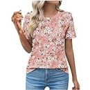 Blouses & Button-Down Shirts Summer Tops for Women 2024 Short Sleeve Tunic T Shirt Vintage Floral Print Pleated Neck Dressy Blouses ropa de Verano para Mujer 2024(Pink,L)