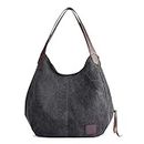 Hiigoo Fashion Women's Multi-pocket Cotton Canvas Handbags Shoulder Bags Totes Purses (Black)
