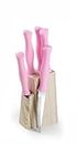 Finner Stainless Steel 4 Knife Set with Wooden Block and 1 Peeler Knife Set for Kitchen with Stand, Knife Set for Kitchen use, 6 Pieces Knife Holder for Kitchen (Pink)