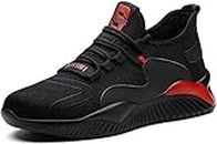 KCVTD Safety Work Shoes for Men & Women Lightweight Breathable Steel Toe Sneaker Shoes Slip Resistant Indestructible Construction Shoes Roofing Shoes, A Black Red, 6 Women/4 Men