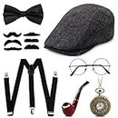 1920s Gatsby Costume for Men,1920s Men Fancy Dress Accessories Set,Retro Gangster Costume Kit with Panama Hat Elastic Suspenders Mustache Pocket Watch Cigar (Style-1)