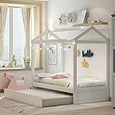 Oudiec Twin Size House Bed with Trundle, Wood Bed Frame w/Wood Slat Support for Girls, Boys, Bedroom, Guest Room, Easy to Assemble, No Box Spring Needed, White