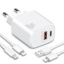 LUOSIKE Cargador USB C de 20W para iPhone con 2 Cables Lightning de 2m, Adaptador de Corriente con PD y QC, Enchufe de Carga Rápida Compatible con iPhone 14/13/12/11/Pro/Max/mini/SE/XR/XS/X/8/7/6/iPad