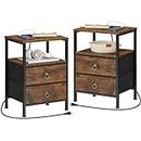 HOOBRO Nightstands with Charging Station, Set of 2, Bedside Tables with 2 Fabric Drawers, Side Tables with Outlet and USB Ports, End Tables with Open and Hidden Storage, Rustic Brown BF110UBZP201