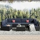 LHBcraft 7 Piece Patio Furniture Set, Outdoor Furniture Patio Sectional Sofa, All Weather PE Rattan Outdoor Sectional with Blue Cushion and Coffee Table.
