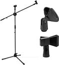 Microphone Stand, Ohuhu Mic Stand Tripod with Mic Clips, Boom Microphone Stand for Kids Adults, Microphone with Stand for Singing Speech Home Studio Usage, Height Adjustable, Light Weight